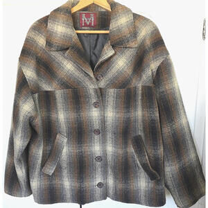 Vintage 80s Rustic Black Brown Work Chore Wool Coat Jacket Womens Sz L Fits XL